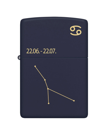 Briquet Zippo Zodiac Cancer bleu mat avec gravure de la constellation et du symbole astrologique