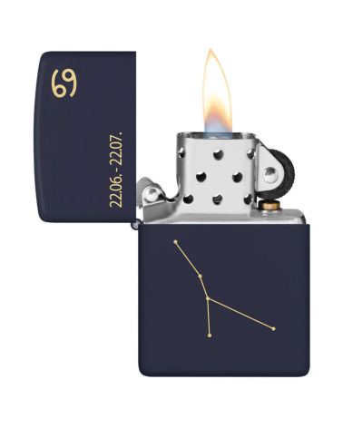 Briquet Zippo Zodiac Cancer bleu mat avec gravure de la constellation et du symbole astrologique