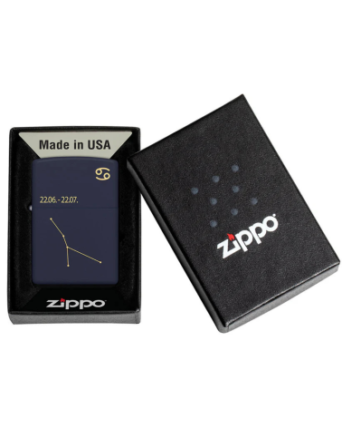 Briquet Zippo Zodiac Cancer bleu mat avec gravure de la constellation et du symbole astrologique