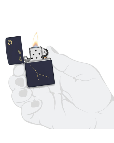 Briquet Zippo Zodiac Cancer bleu mat avec gravure de la constellation et du symbole astrologique