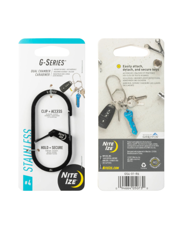 Mousqueton à double chambre G-Series noir taille 4 Nite Ize, en acier inoxydable, idéal pour sécuriser clés et accessoires.