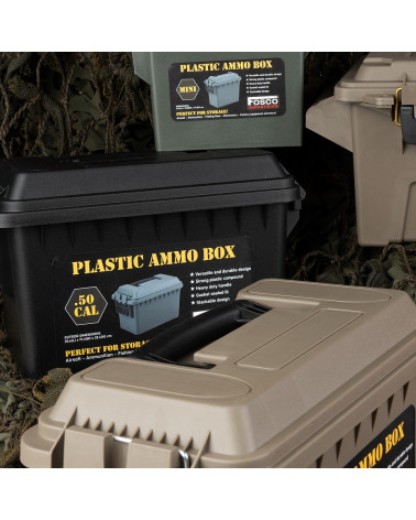 Boîte à munitions en plastique .50 Cal Fosco noire, étanche, empilable et robuste pour munitions et accessoires tactiques Boîte à munitions en plastique .50 Cal Fosco noire, étanche, empilable et robuste pour munitions et accessoires tactiques