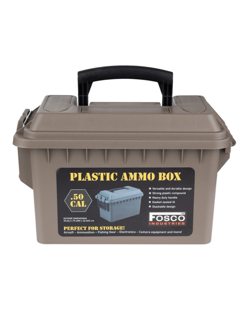 Boîte à munitions en plastique .50 Cal Fosco tan, étanche et empilable, idéale pour munitions et accessoires tactiques Boîte à munitions en plastique .50 Cal Fosco tan, étanche et empilable, idéale pour munitions et accessoires tactiques
