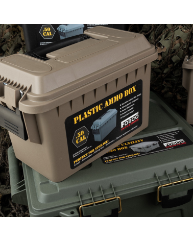 Boîte à munitions en plastique .50 Cal Fosco tan, étanche et empilable, idéale pour munitions et accessoires tactiques Boîte à munitions en plastique .50 Cal Fosco tan, étanche et empilable, idéale pour munitions et accessoires tactiques
