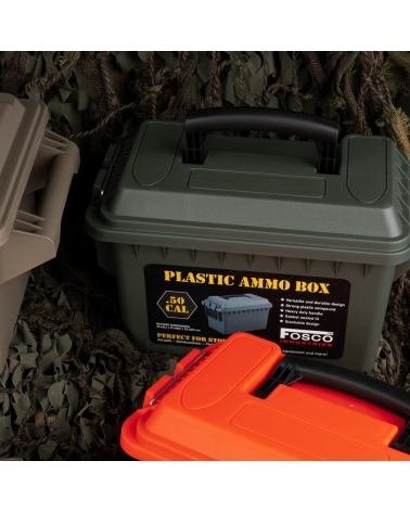 Boîte à munitions en plastique .50 Cal Fosco tan, étanche et empilable, idéale pour munitions et accessoires tactiques Boîte à munitions en plastique .50 Cal Fosco tan, étanche et empilable, idéale pour munitions et accessoires tactiques