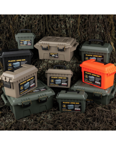 Boîte à munitions / utilitaire compacte en plastique tan Fosco, étanche, empilable et robuste pour usage tactique ou outdoor