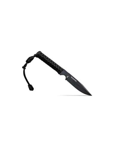 Couteau Wild Tech 4 Wildsteer avec manche en paracorde noire et lame époxy noire, conçu avec le RAID et la DCPJ.