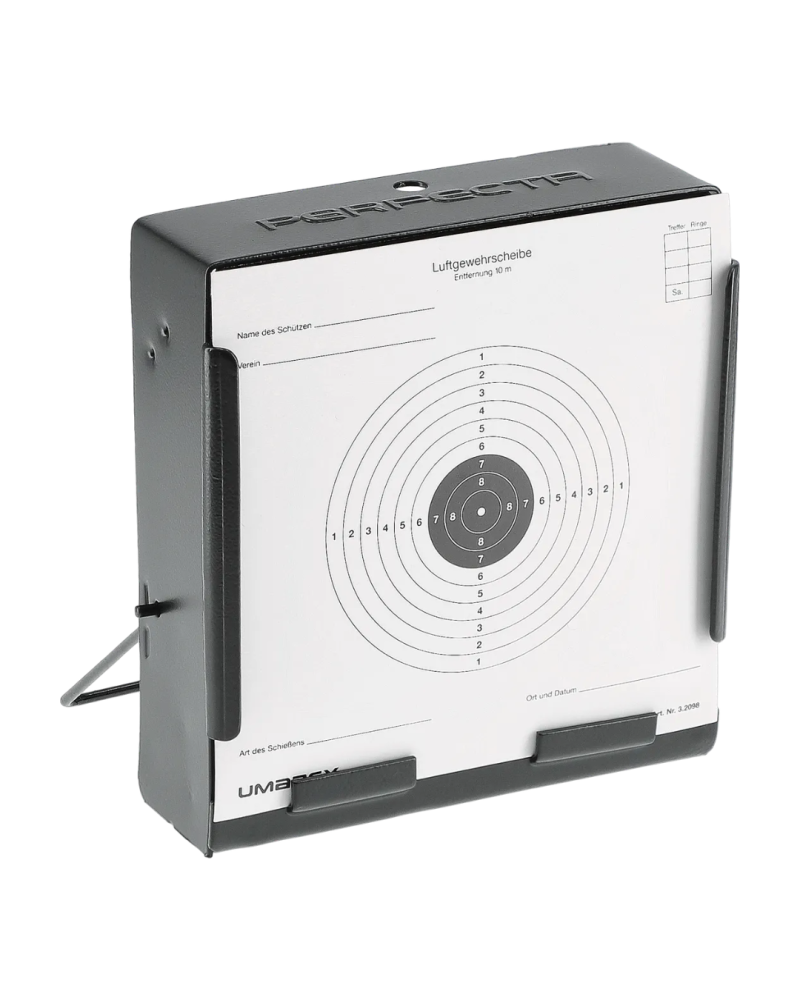 Porte cible Perfecta en tôle d acier pour cibles papier 14x14 cm avec boucle de fixation murale Porte cible Perfecta en tôle d acier pour cibles papier 14x14 cm avec boucle de fixation murale