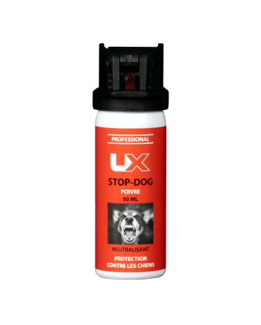 Bombe UX Stop Dog 50 ml gaz poivre OC pour dissuasion canine et protection en extérieur