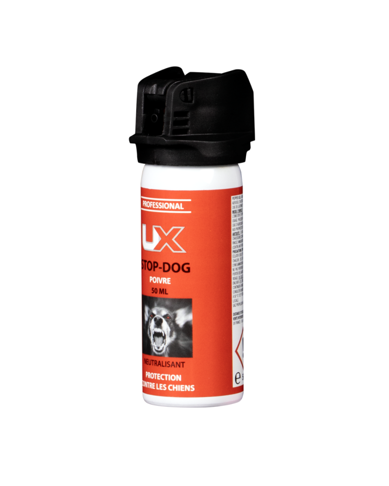 Bombe UX Stop Dog 50 ml gaz poivre OC pour dissuasion canine et protection en extérieur