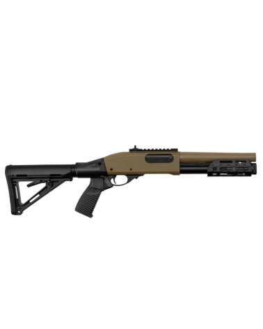 Réplique M870 Gaz Coyote Golden Eagle — fusil pompe airsoft compact avec crosse M4 réglable