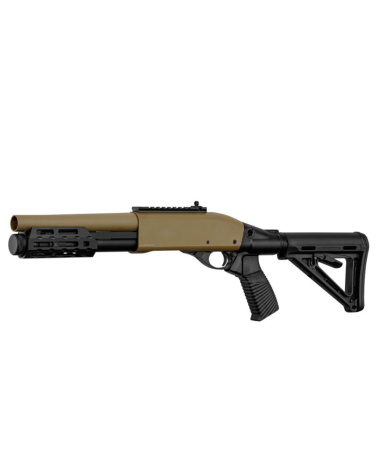 Réplique M870 Gaz Coyote Golden Eagle — fusil pompe airsoft compact avec crosse M4 réglable