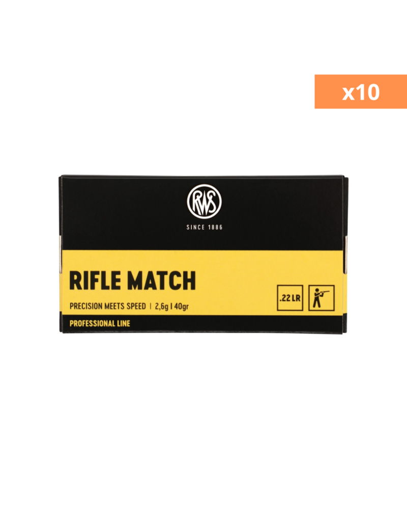 Pack 500 cartouches RWS Rifle Match .22 LR 40 gr 10 boîtes de 50, munitions match pour tir 50 m et 100 m