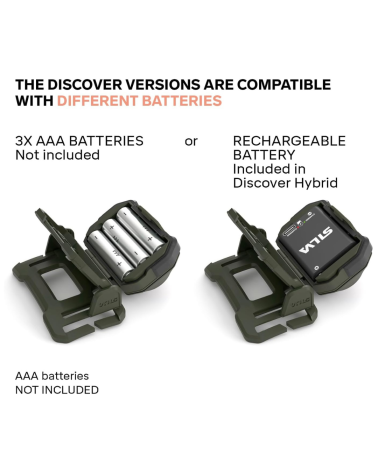 Frontale Discover Hybrid OD — Silva : lampe 500 lumens, étanche IP65, compatible batterie hybride et piles AAA