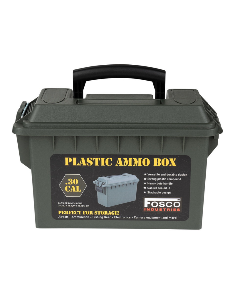 Boîte à munitions Cal.30 plastique vert Fosco Industries — étanche, empilable et résistante