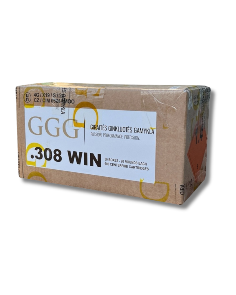 Carton de 600 cartouches .308WIN 147gr FMJ GGG conditionnement 30 boîtes de 20 pour tireurs sportifs