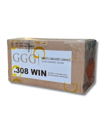 Carton de 600 cartouches .308WIN 147gr FMJ GGG conditionnement 30 boîtes de 20 pour tireurs sportifs