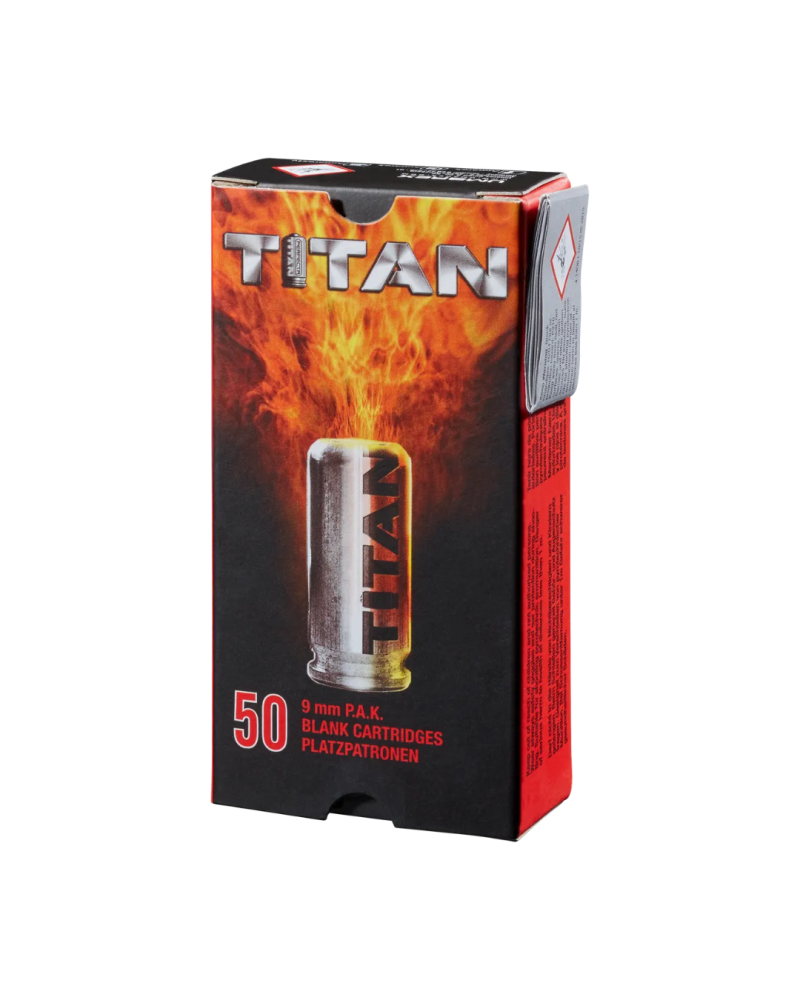 Boîte 50 cartouches 9 mm P.A.K Titan Perfecta douille acier pour signalisation et usages compatibles selon réglementation.