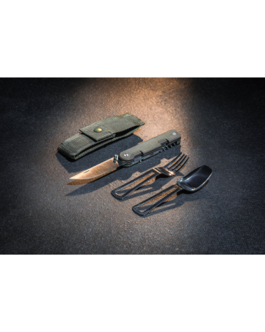 Couteau Bivouac Baroudeur kaki TB Outdoor — lame Liner Lock, ouvre-boites et tire-bouchons, outil polyvalent pour missions