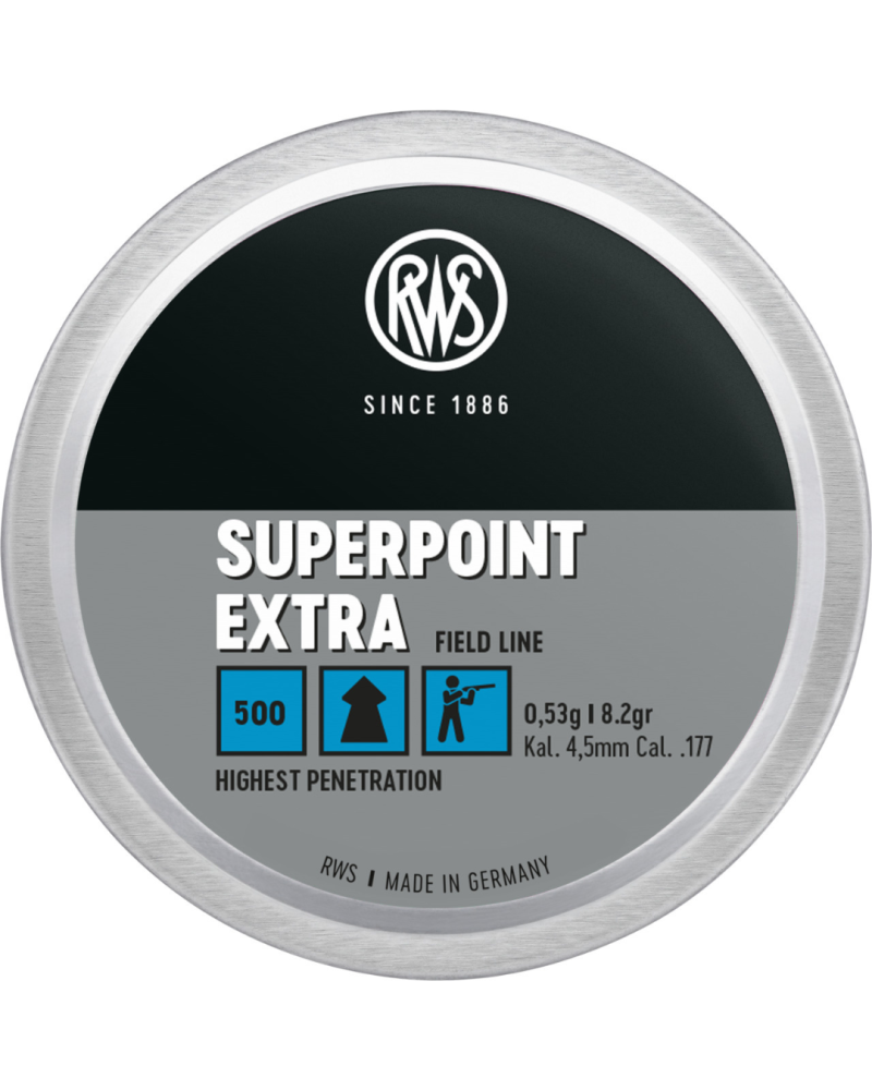 Boîte de 500 plombs RWS SuperPoint Extra 4,5 mm 0,53 g — profil pointu pour pénétration optimisée et groupements réguliers.