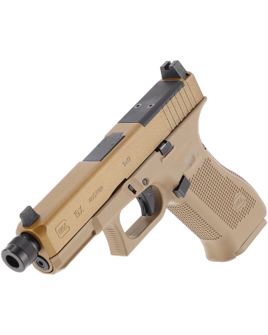 Pistolet Glock 19X MOS BBS 6 mm CO2 1 J Umarex, finition coyote, blowback, filetage M14x1 CCW et plaques MOS