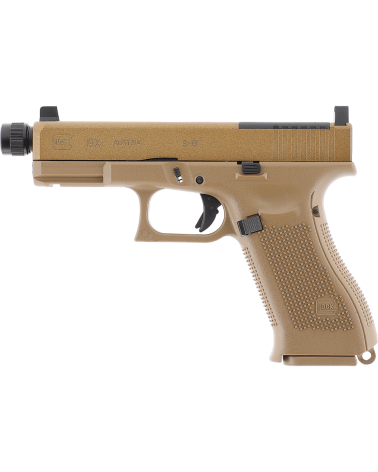 Pistolet Glock 19X MOS BBS 6 mm CO2 1 J Umarex, finition coyote, blowback, filetage M14x1 CCW et plaques MOS
