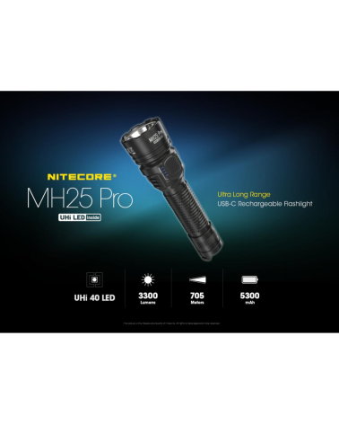 Lampe torche Nitecore MH25 Pro 3300 lumens avec LED UHi et portée de 705 mètres conçue pour usage tactique et outdoor.
