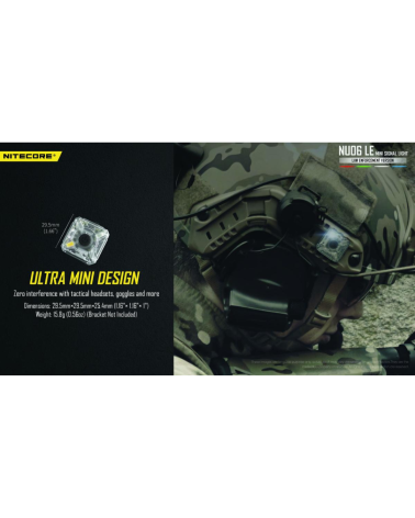 Lampe de position tactique Nitecore NU06LE compacte avec 9 modes lumineux et fixation casque rail ARC ou système MOLLE.
