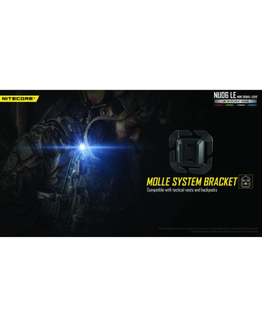 Lampe de position tactique Nitecore NU06LE compacte avec 9 modes lumineux et fixation casque rail ARC ou système MOLLE.