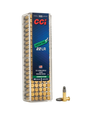 Boîte de 100 munitions 22LR CCI Green Tag 40 grains conçues pour le tir de précision et la compétition rimfire.