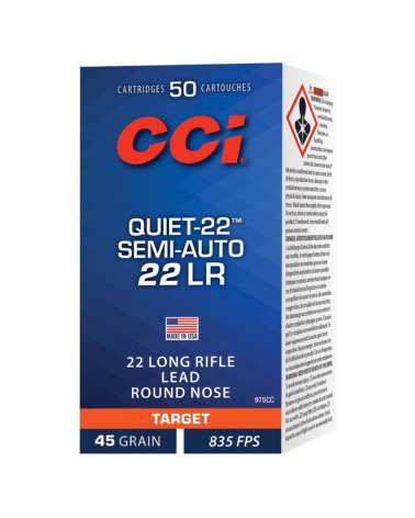 Boîte de 50 munitions 22LR CCI Quiet Semi Auto 45 grains à faible vitesse conçues pour un tir discret