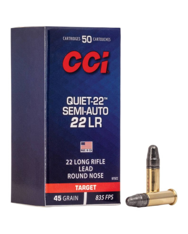 Boîte de 50 munitions 22LR CCI Quiet Semi Auto 45 grains à faible vitesse conçues pour un tir discret
