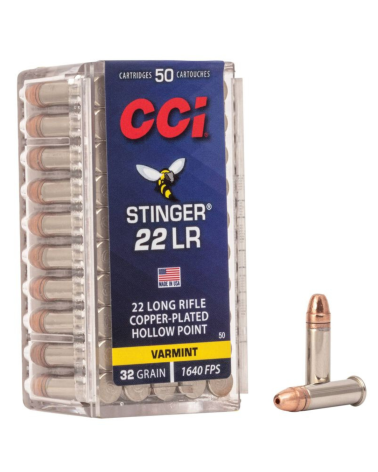 Boîte de 50 munitions 22LR CCI Stinger 32 grains Hollow Point à très haute vitesse conçues pour puissance