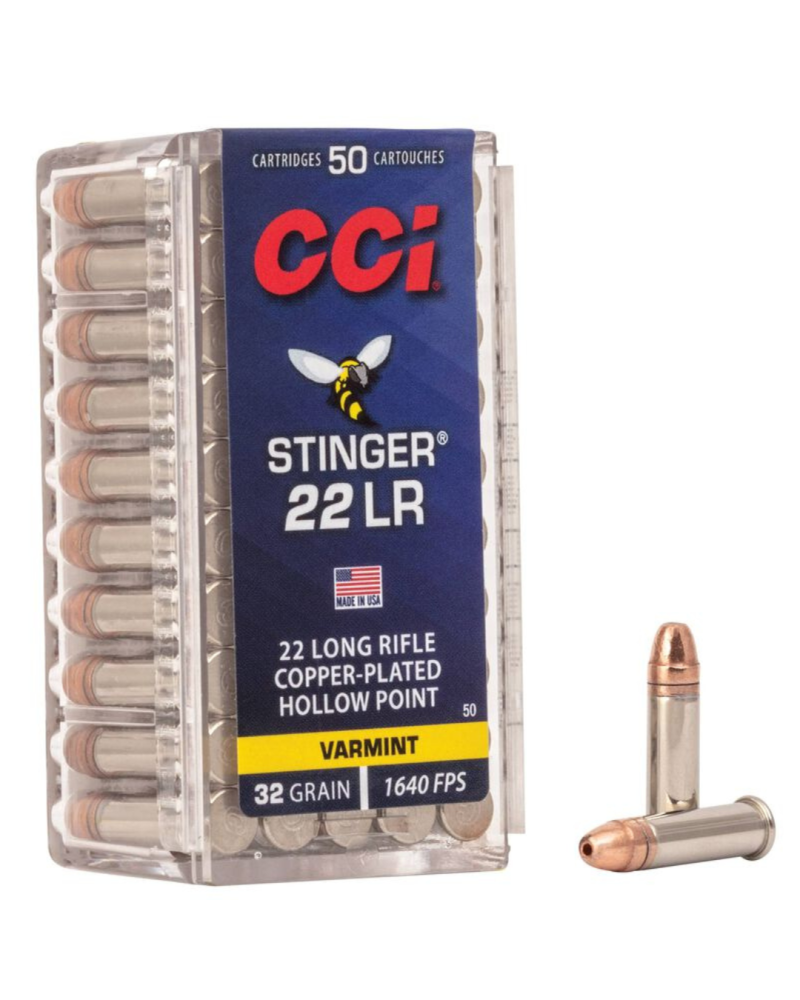 Boîte de 50 munitions 22LR CCI Stinger 32 grains Hollow Point à très haute vitesse conçues pour puissance