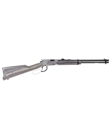 Carabine Rossi Rio Bravo Nickel calibre 22LR avec crosse bois laminé gris et levier de sous garde.
