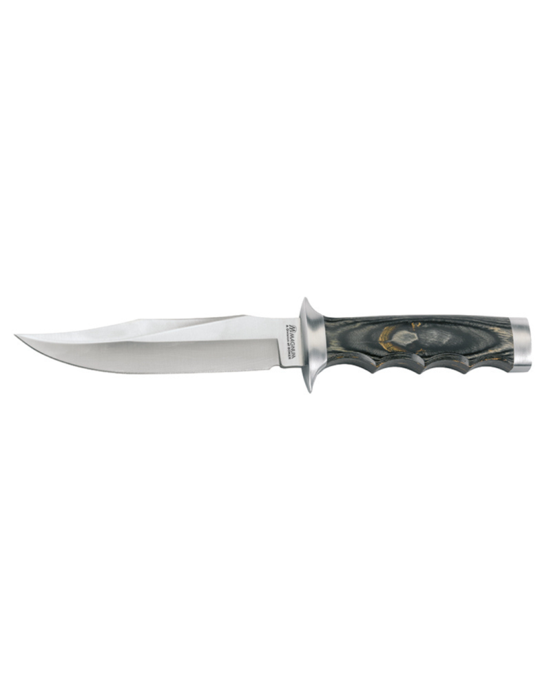 Couteau Jungle Devil Boker Magnum avec lame clip point 153 mm en acier 440A et manche bois lamellé collé avec étui cuir.
