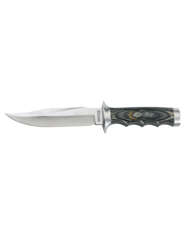 Couteau Jungle Devil Boker Magnum avec lame clip point 153 mm en acier 440A et manche bois lamellé collé avec étui cuir.
