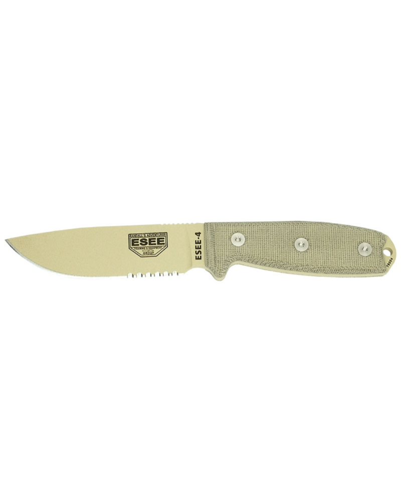 Couteau ESEE 4 Desert avec lame drop point mixte 116 mm en acier carbone et manche Micarta gris avec étui Zytel.