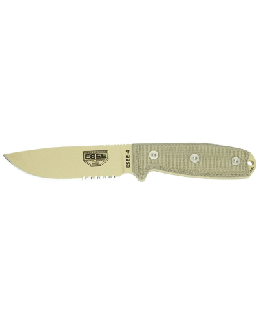 Couteau ESEE 4 Desert avec lame drop point mixte 116 mm en acier carbone et manche Micarta gris avec étui Zytel.