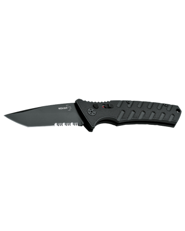 Couteau automatique Böker Plus Strike Tanto lame noire 85 mm acier AUS8 manche aluminium noir avec clip.