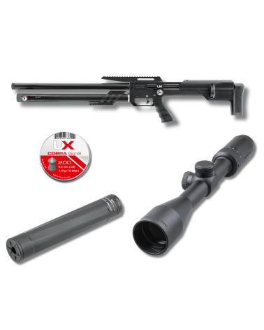 Pack carabine Umarex UX Zelos PCP 5.5 mm avec lunette 3-9x40 silencieux et plombs pour tir précision loisir