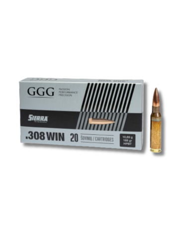 Boite de munitions GGG 308 Winchester 168 grains HPBT haute précision pour tir longue distance avec excellente stabilité