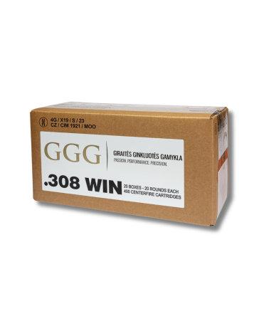 Carton de 400 munitions GGG 308 Winchester 168 grains HPBT haute précision pour tir longue distance avec excellente