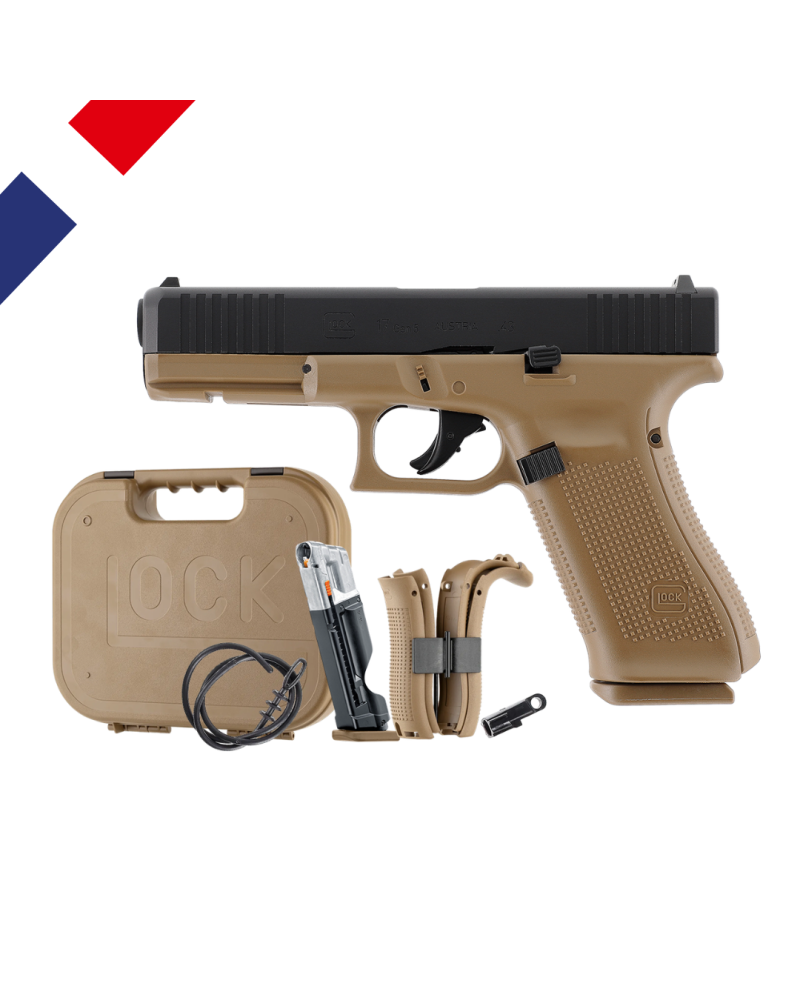 Pistolet Glock 17 Gen5 T4E Umarex calibre 43 CO2 finition coyote French Army avec blowback réaliste livré en mallette