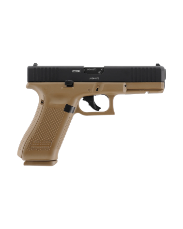 Pistolet Glock 17 Gen5 T4E Umarex calibre 43 CO2 finition coyote avec blowback réaliste et rail picatinny