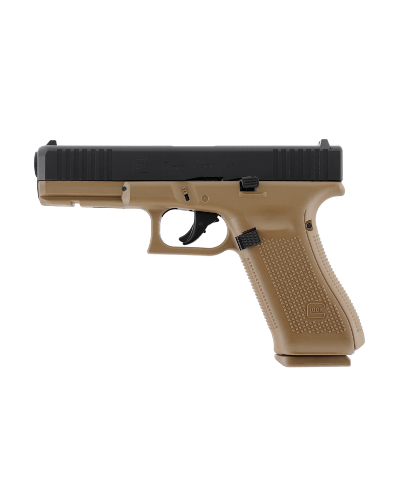 Pistolet Glock 17 Gen5 T4E Umarex calibre 43 CO2 finition coyote avec blowback réaliste et rail picatinny