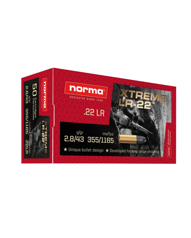 Boite de 50 cartouches 22LR Norma Extreme LR 22 43 grains ogive LRN pour tir de précision et entraînement sportif