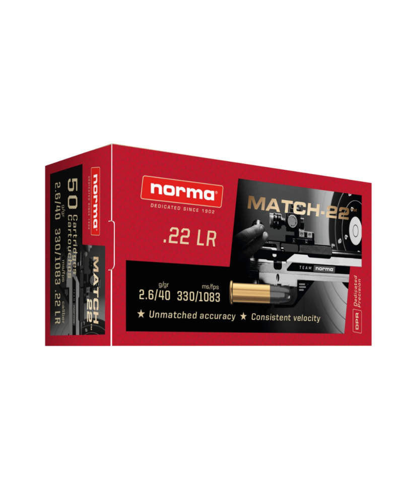 BOITE DE .22LR 40GR MATCH 22 X50 – NORMA est une munition dédiée au tir de précision et à la compétition
