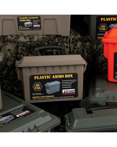 Boite a munitions calibre 30 plastique tan Fosco Industries avec joint etanche et poignee de transport