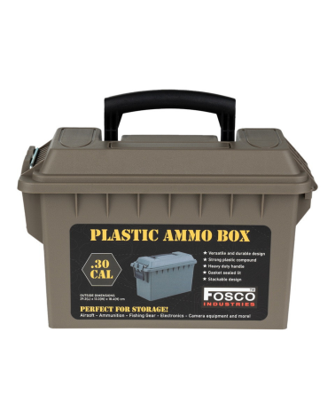 Boite a munitions calibre 30 plastique tan Fosco Industries avec joint etanche et poignee de transport